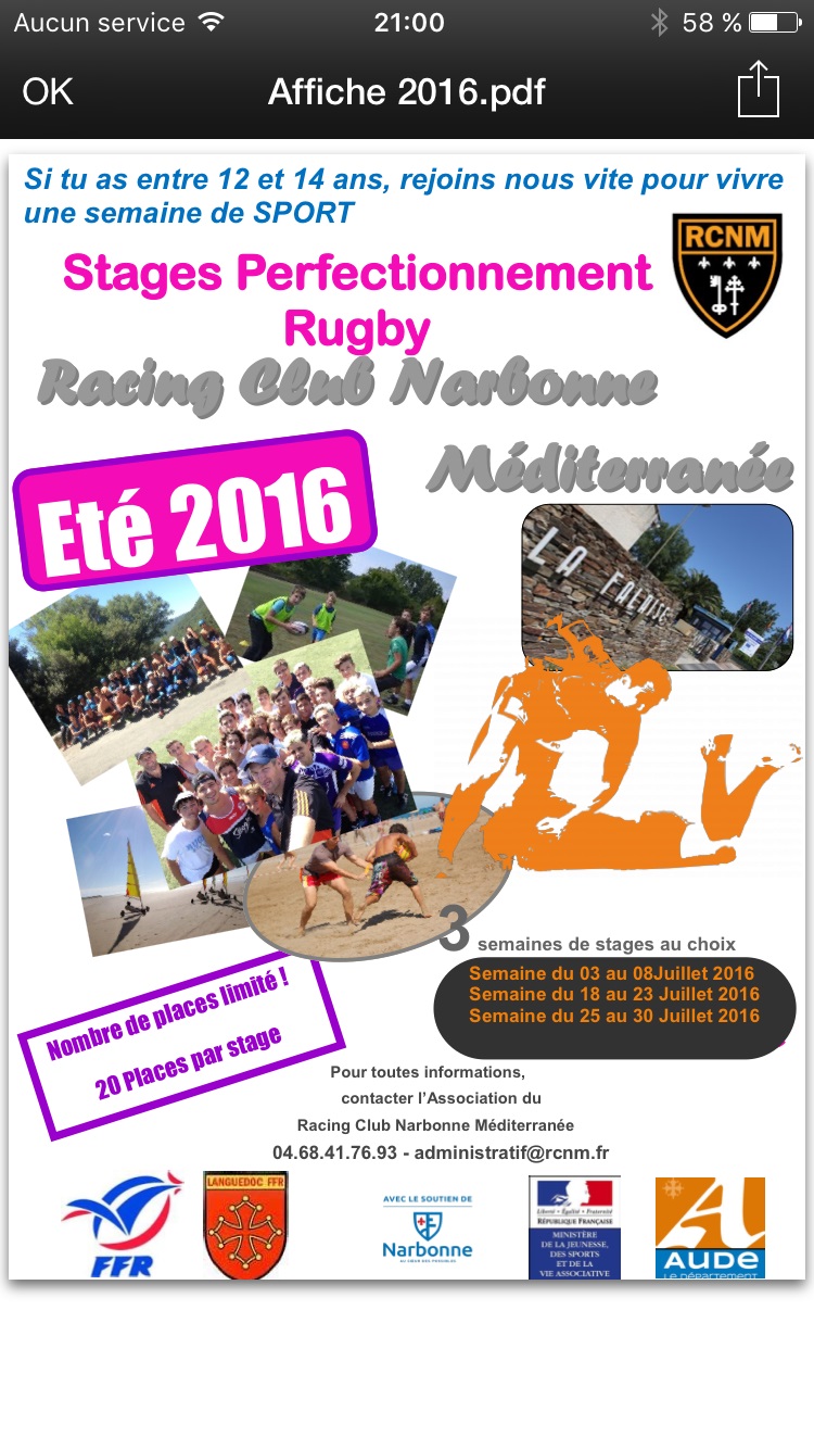 Stage Perfectionnement Rugby Racing Club Narbonne Méditerranée Été 2016